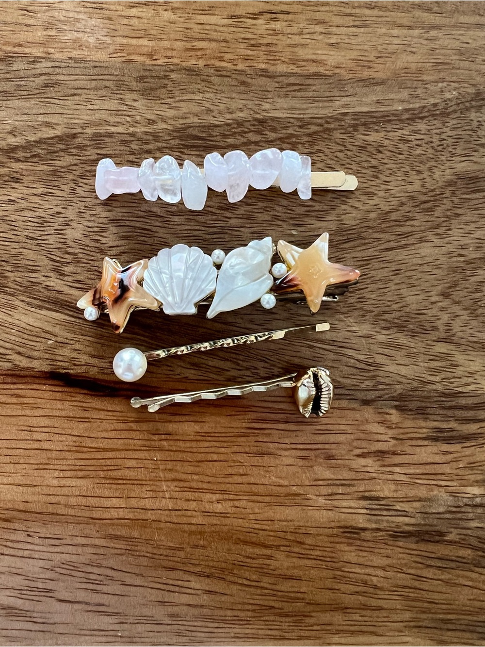 Pearl & Shell Accent Hair Clip Set - Pink and Gold Tones